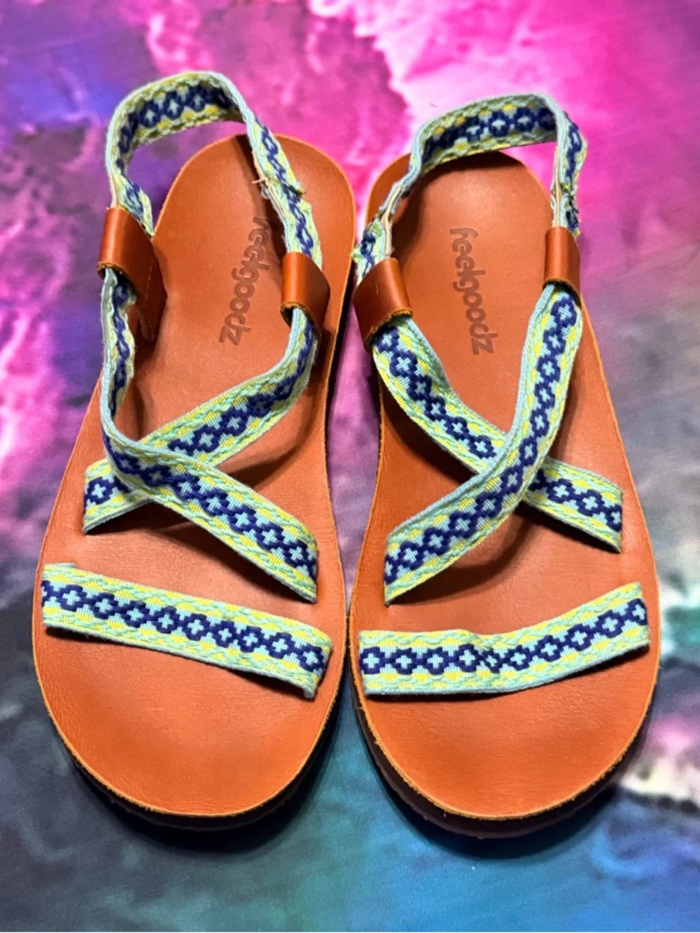 Zodiac-Inspired Brown Leather Sandals with Blue and Yellow Straps by FeelGoodz - Picture 2 of 8